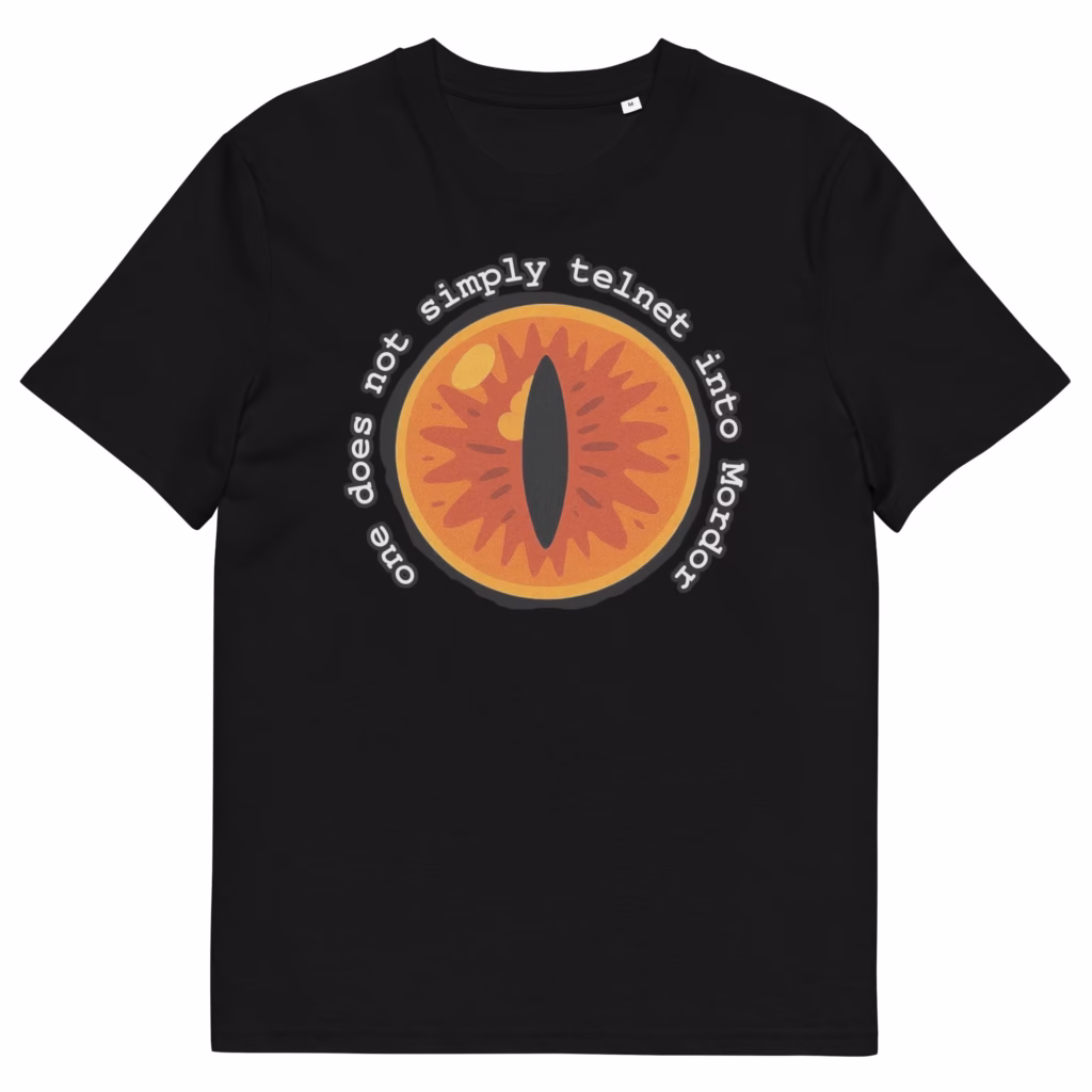 Funny Lord of the Rings IT shirt: "One Does Not Simply Telnet Into Mordor." Perfect for network engineers, sysadmins & LOTR fans.