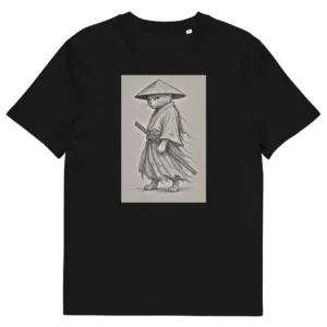 A stoic ronin cat with a sword and zero chill. Printed on a soft unisex organic cotton tee for maximum comfort and honor.