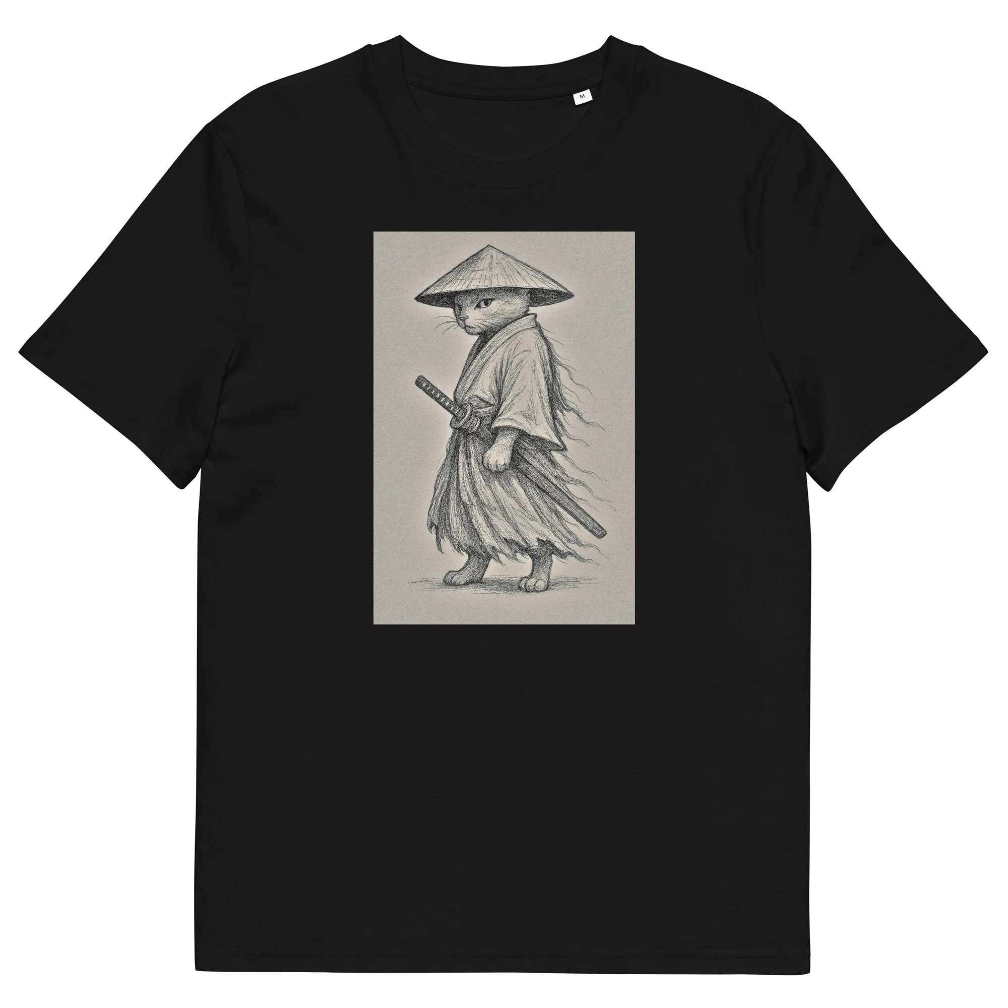 A stoic ronin cat with a sword and zero chill. Printed on a soft unisex organic cotton tee for maximum comfort and honor.