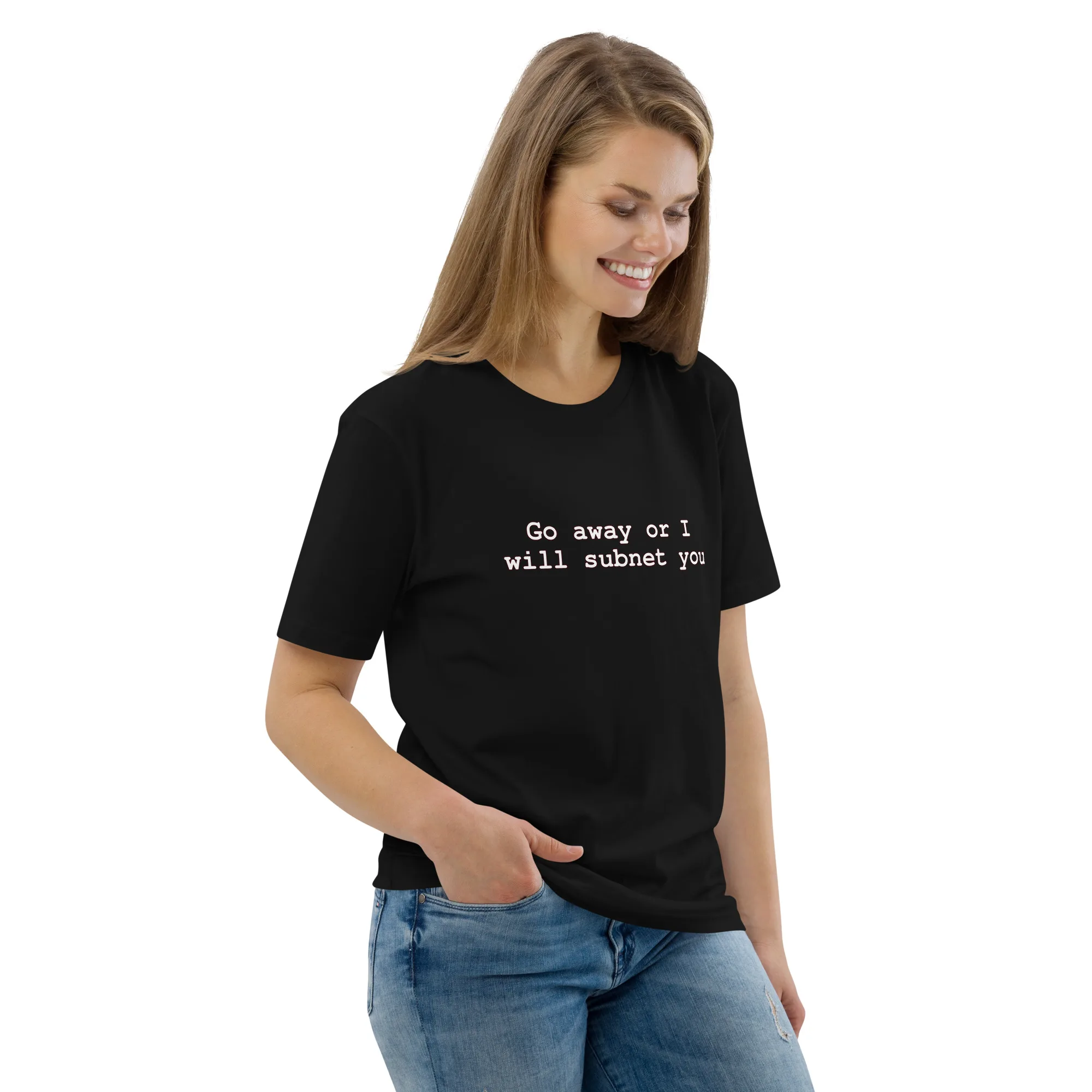 Go Away Or I Will Subnet You network engineer t-shirt with IT humor. Perfect for sysadmins, network admins & tech support. Technical threats welcome.