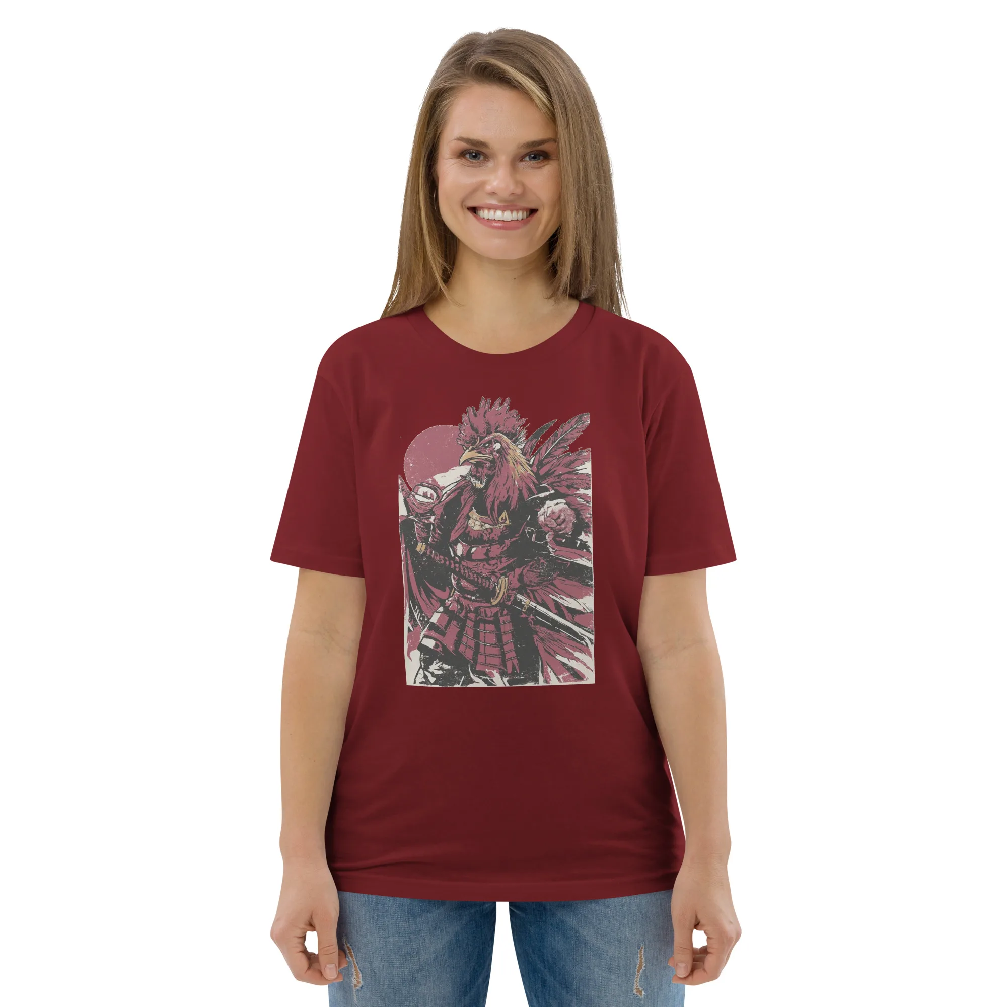 Rooster Samurai Unisex Organic Cotton Tee for Anime Fans, Martial Artists & Year of the Rooster