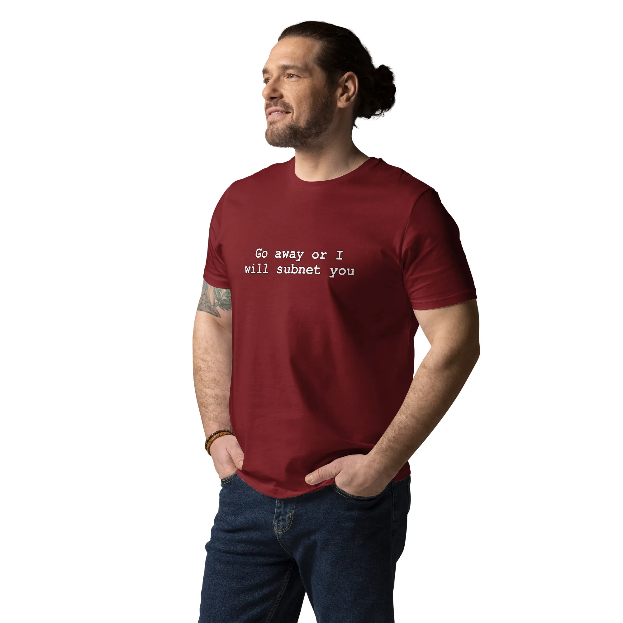 Go Away Or I Will Subnet You network engineer t-shirt with IT humor. Perfect for sysadmins, network admins & tech support. Technical threats welcome.