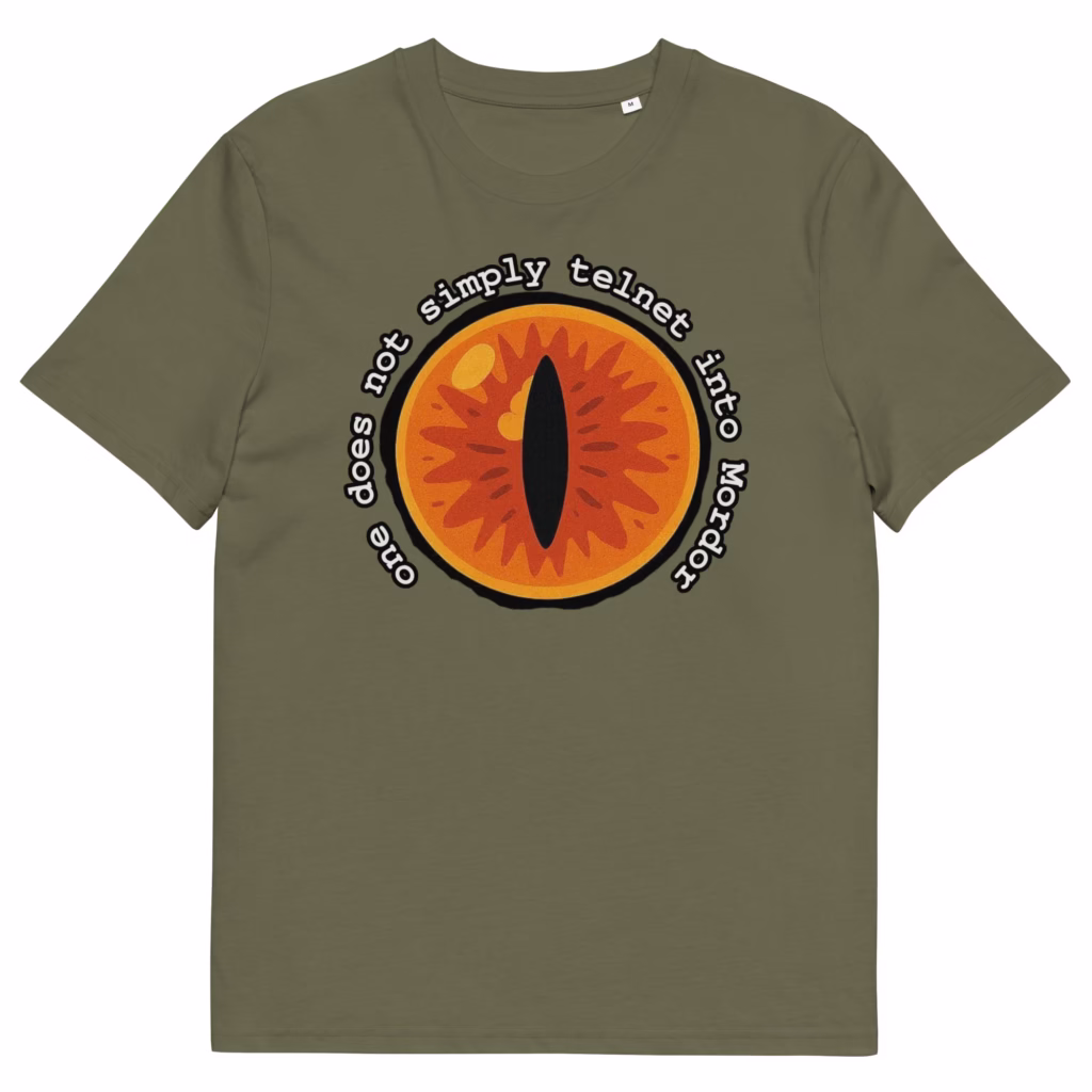 Funny Lord of the Rings IT shirt: "One Does Not Simply Telnet Into Mordor." Perfect for network engineers, sysadmins & LOTR fans.