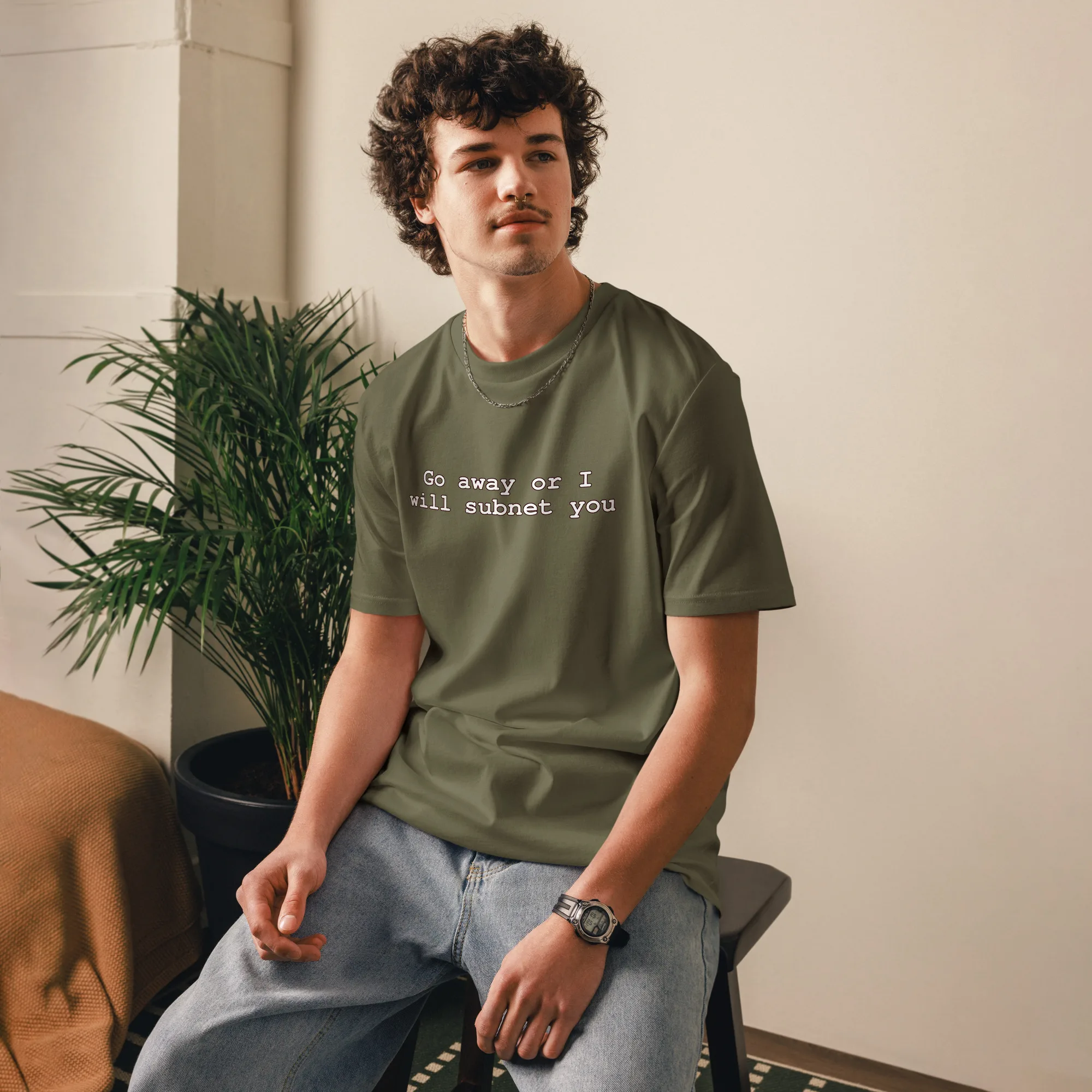 Go Away Or I Will Subnet You network engineer t-shirt with IT humor. Perfect for sysadmins, network admins & tech support. Technical threats welcome.