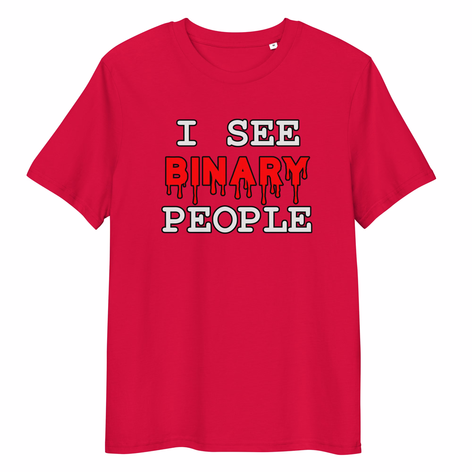 Funny programmer t-shirt: "I See Binary People" parody. Perfect for software developers, coders & computer science students. They're everywhere.