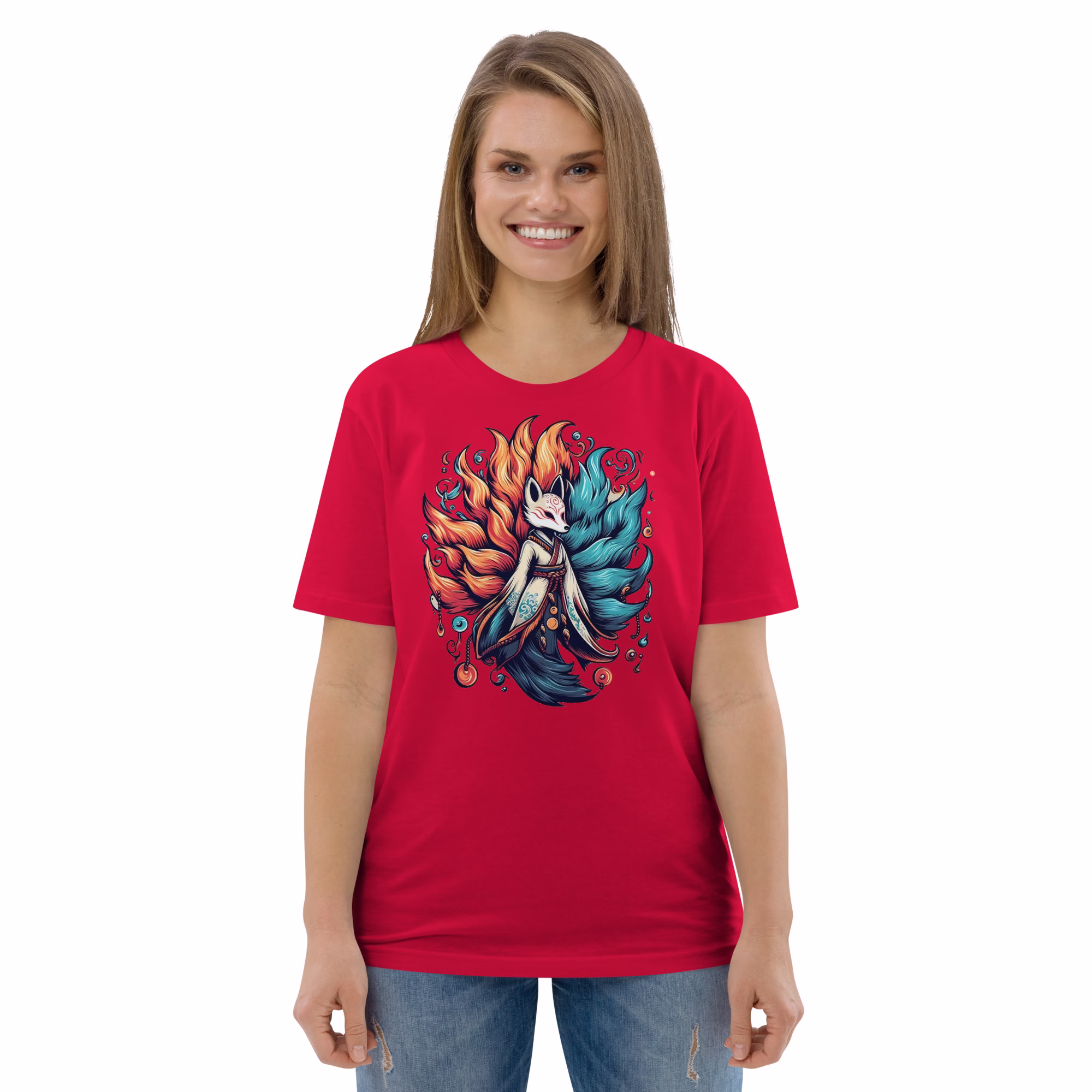 Kitsune sorcerer t-shirt with nine-tailed fox spirit casting magic for anime fans