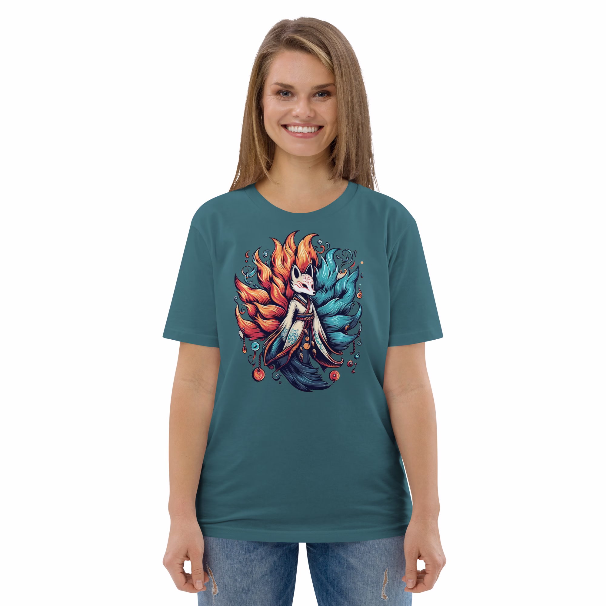 Kitsune sorcerer t-shirt with nine-tailed fox spirit casting magic for anime fans